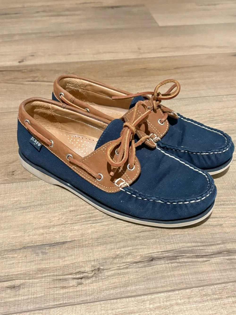 J. Crew AW681 2-Eye Canvas Slip-On Boat Loafer Shoes leather Blue Brown‎ Men's 8